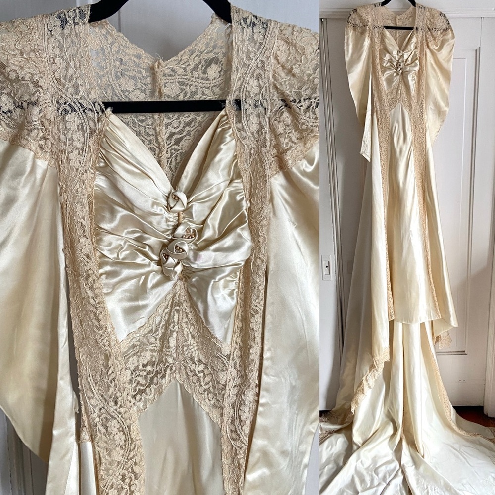 Breathtaking Antique 1930s 40s Liquid Satin Lace Wedding Gown